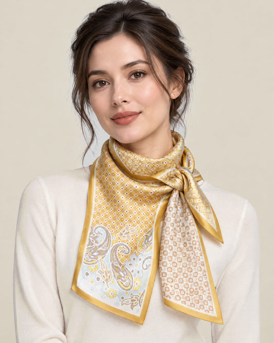 Woman wearing Gilded Dream slim mulberry silk scarf
