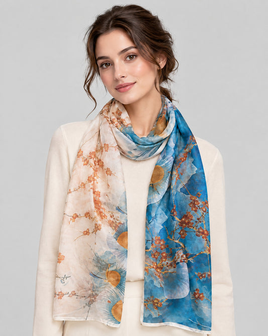 Traditional Fan Mulberry Silk Long Scarf – 22 x 67 in