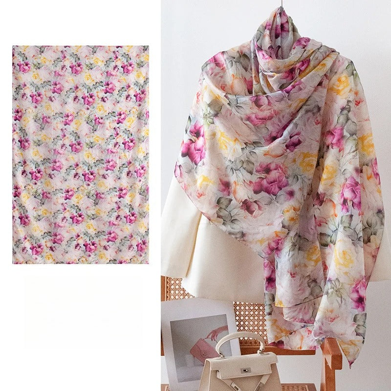 Yellow Purple Small Rose mulberry silk scarf