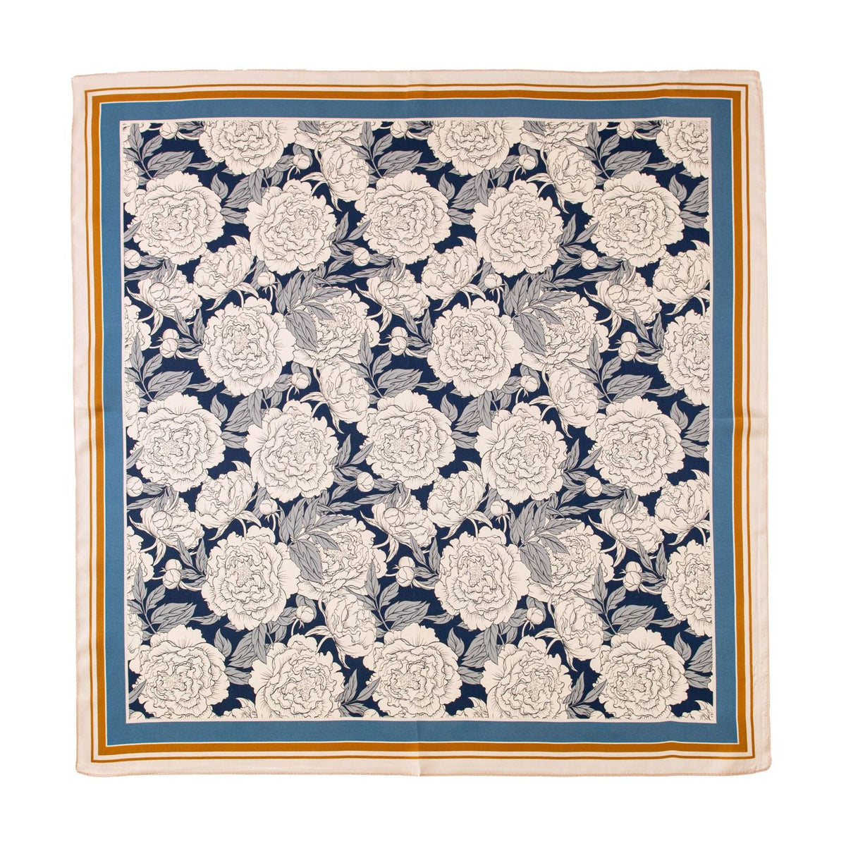Gray Blue Edge Floral mulberry silk square scarf, 26 x 26 in