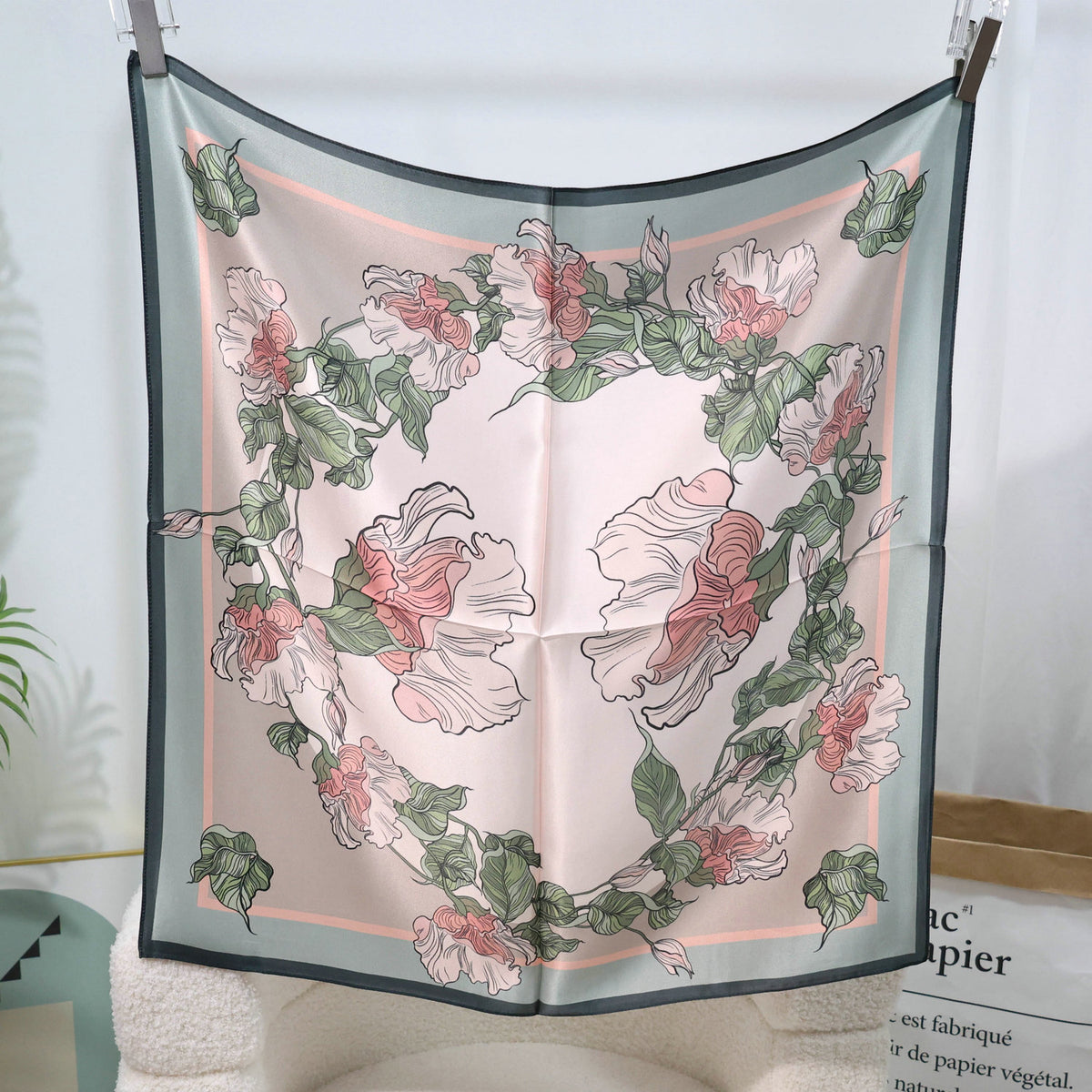 Green Vine mulberry silk square scarf