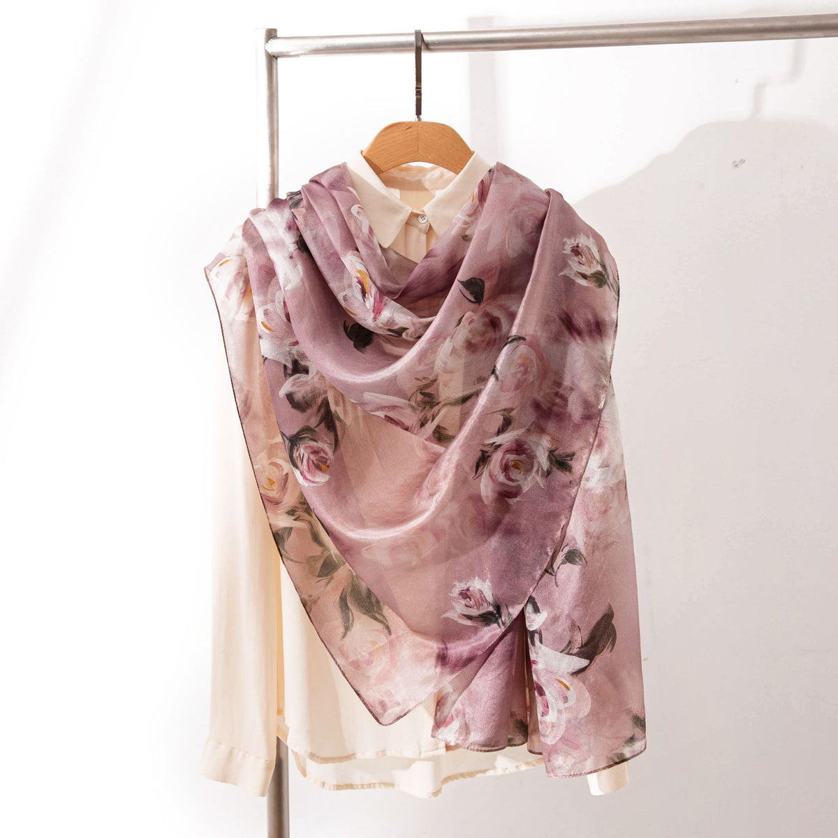 Pink rose mulberry silk scarf, 69 x 43 in