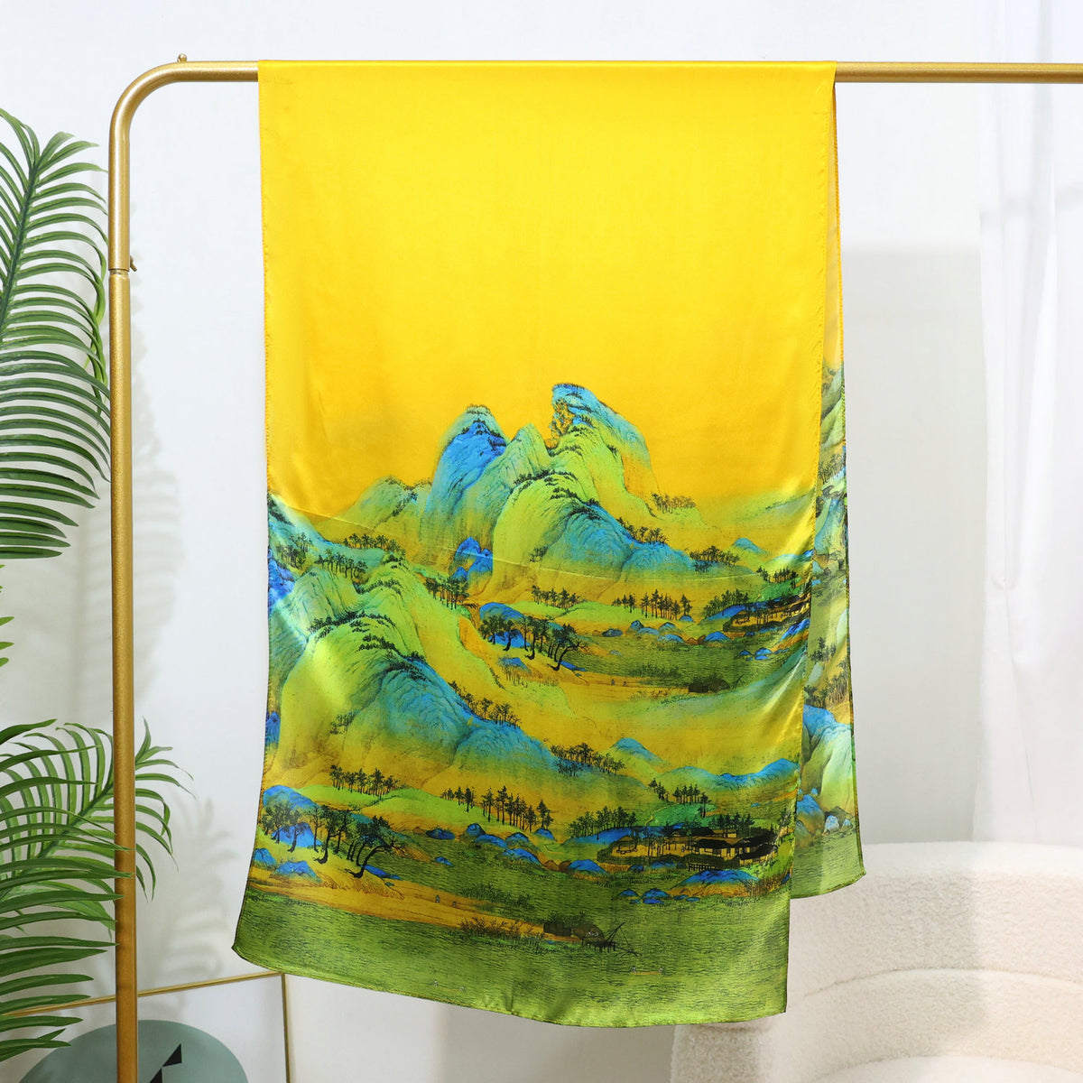 Layered green hills mulberry silk scarf