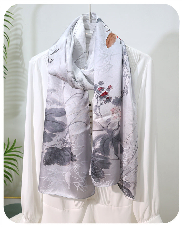 100% Mulberry Silk Floral Jacquard Long Scarf with Chinese-Inspired Botanical Prints, 53 x 170 cm (21 x 67 in) Lightweight Spring Shawl
