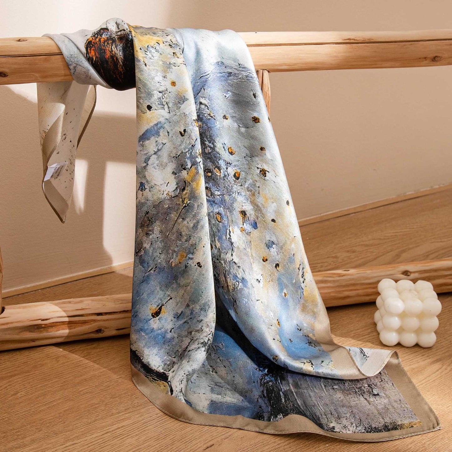 Mulberry Silk Square Scarf with Peony Print – 26 x 26 in, Hand-Rolled Hem