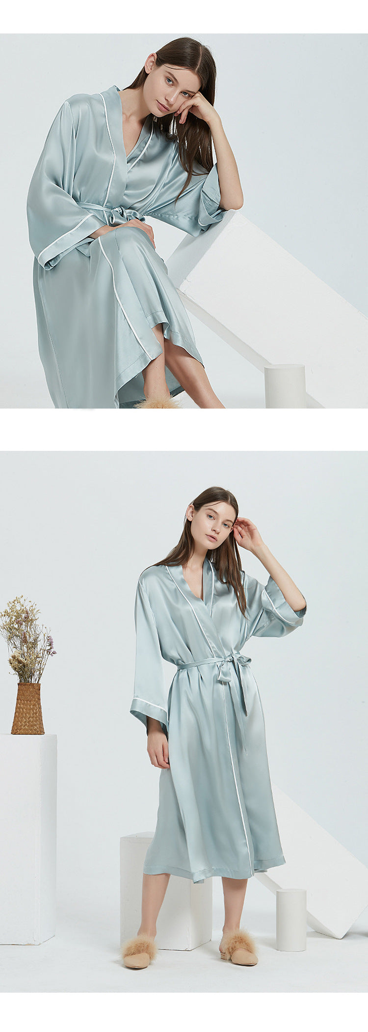 19 Momme Heavyweight 100% Mulberry Silk Long Robe – Long-Sleeve Open-Front Nightgown for Women