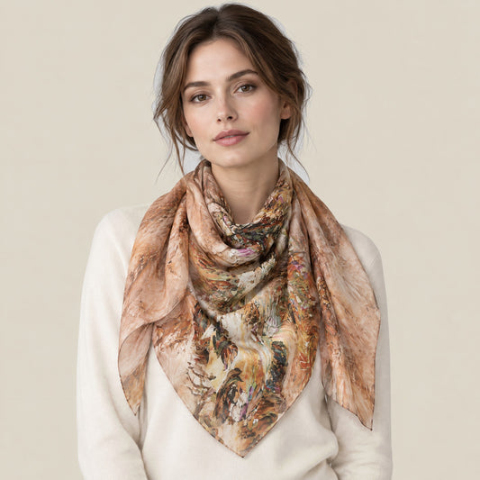 Woman wearing Rising Wind jacquard mulberry silk scarf
