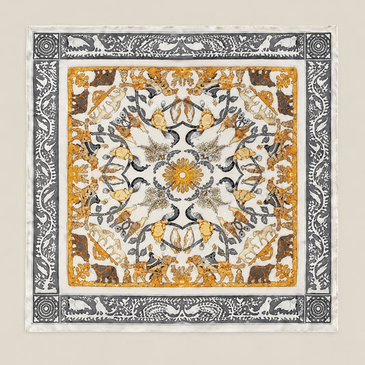 Beige animal motif mulberry silk square scarf