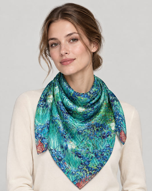Blue Green Iris Mulberry Silk Oversized Scarf – 69 x 43 in