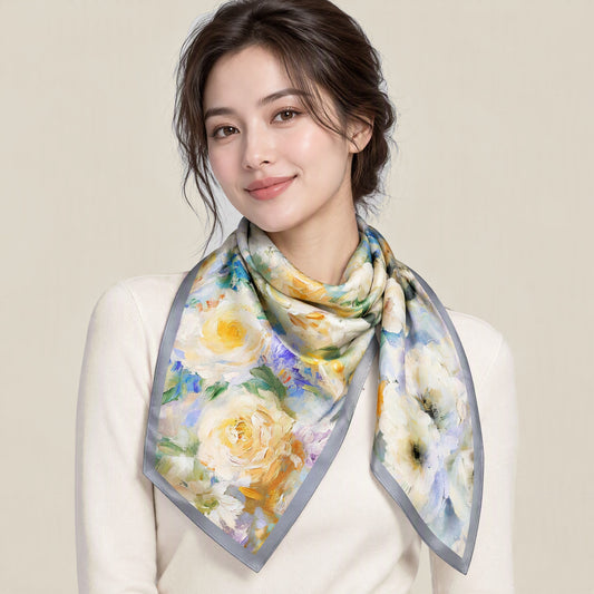 Woman wearing Misty White Rose slim mulberry silk scarf
