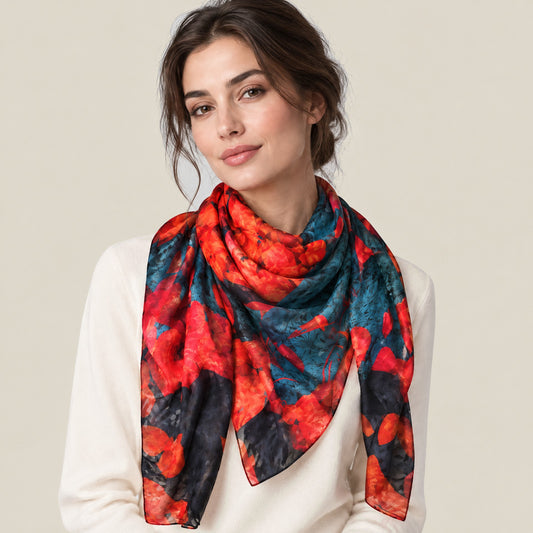 Woman wearing Vibrant red jacquard mulberry silk scarf