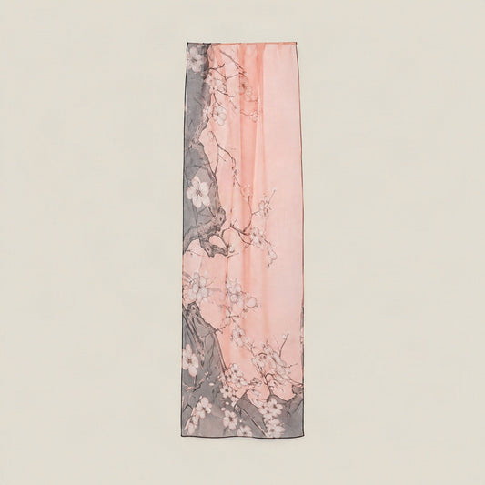 Pink Peony Branch mulberry silk long scarf