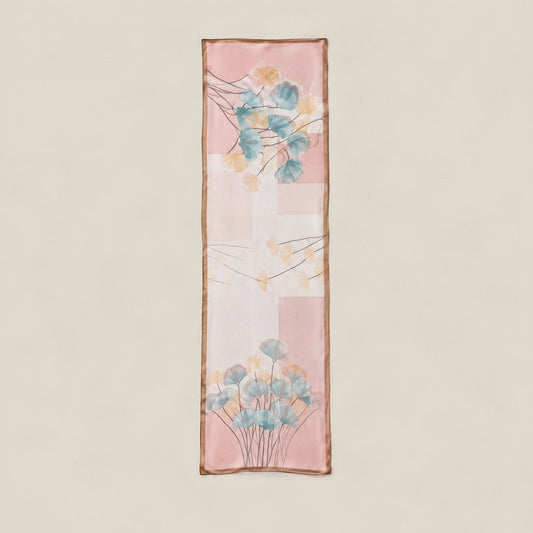 Pink ginkgo leaf mulberry silk long scarf