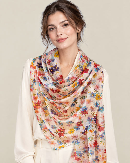 Woman wearing Colorful small florals mulberry silk scarf