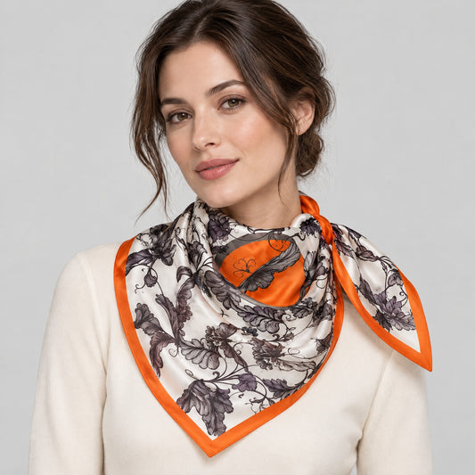 Orange-Edge Butterfly Mulberry Silk Square Scarf – 21 x 21 in