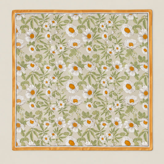 Green Daisy mulberry silk square scarf, 26 x 26 in