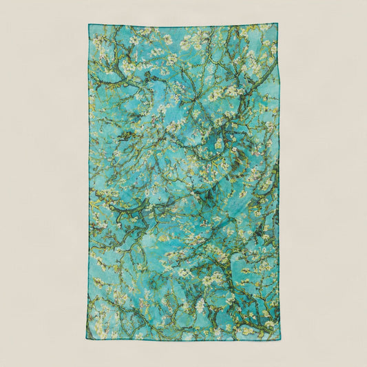 Blue Green Plum Branch mulberry silk scarf