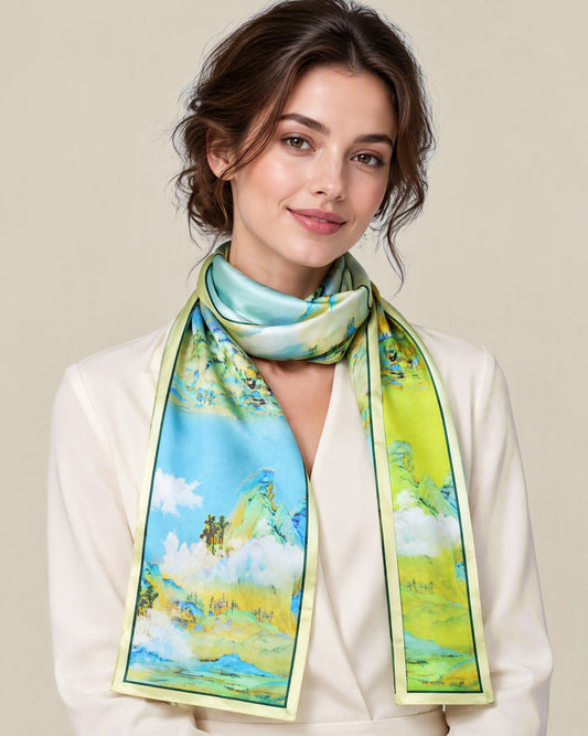 Woman wearing Cloud Peaks slim mulberry silk scarf