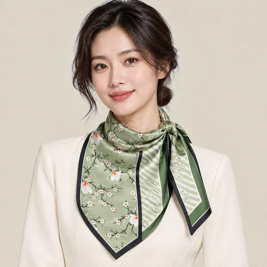Woman wearing Spring Scenery slim mulberry silk scarf