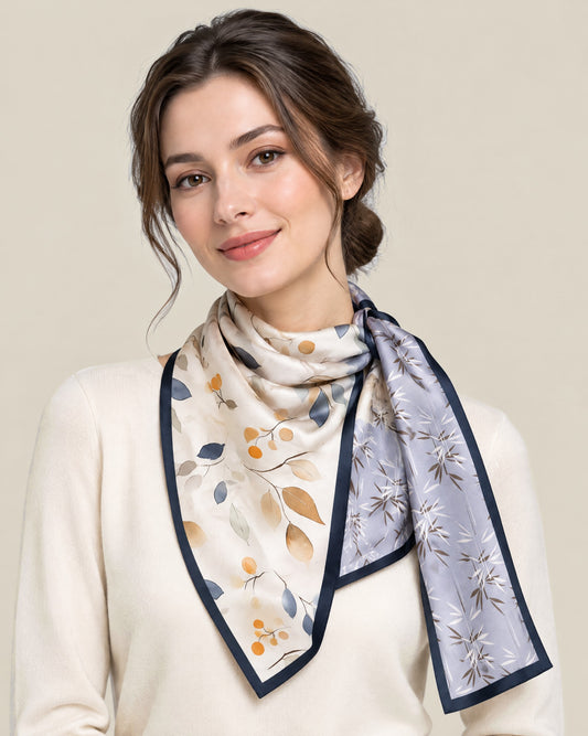 Woman wearing Autumn Bamboo slim mulberry silk scarf