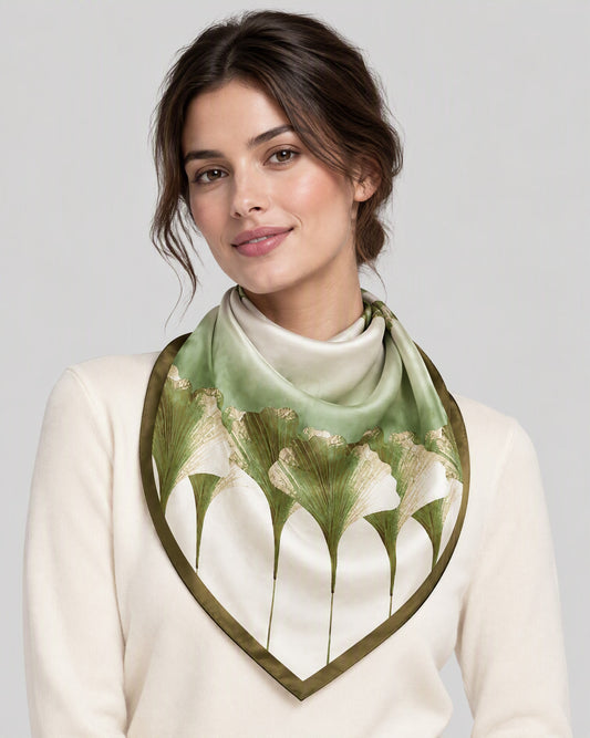 Dark Green Ginkgo Mulberry Silk Square Scarf – 21 x 21 in