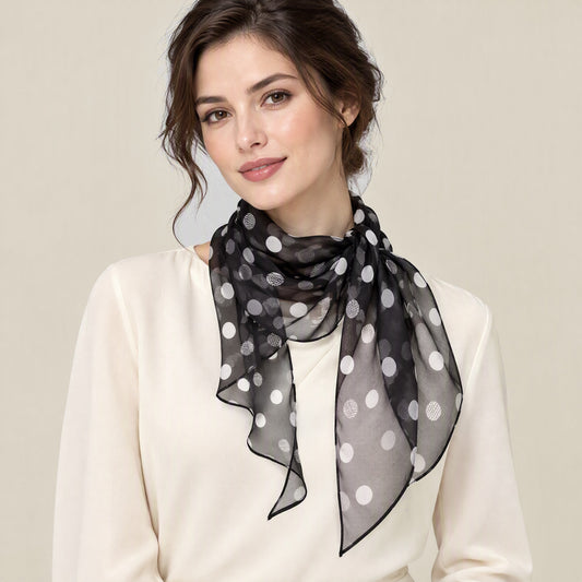 Woman wearing Black net dot mulberry silk scarf