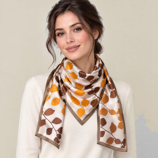 Woman wearing Gold Brown Wash slim mulberry silk scarf
