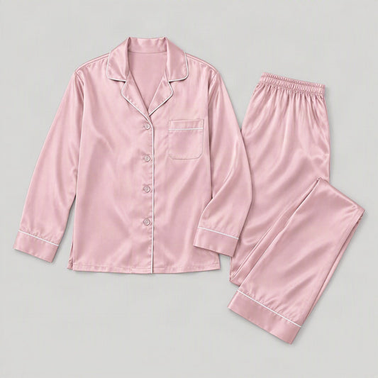 Mulberry silk pajama set laid flat, full garment view