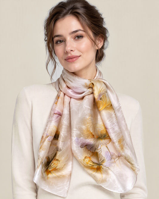 Woman wearing Bamboo Serenity jacquard mulberry silk scarf