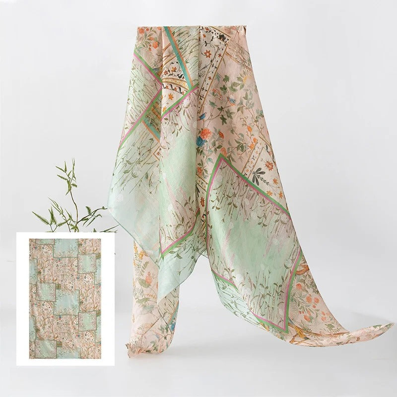 Long 100% Mulberry Silk Scarf – Floral Print Lightweight Shawl, 69 x 43 in