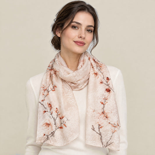 Woman wearing Magnolia jacquard mulberry silk scarf