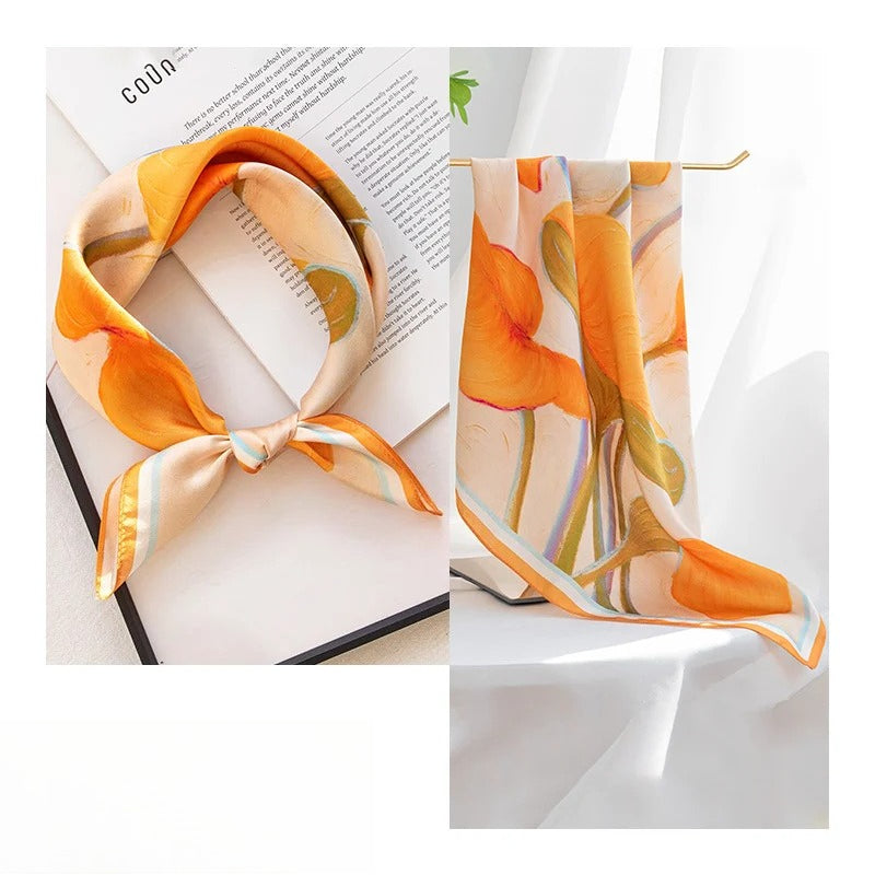 Orange Leaves mulberry silk square scarf