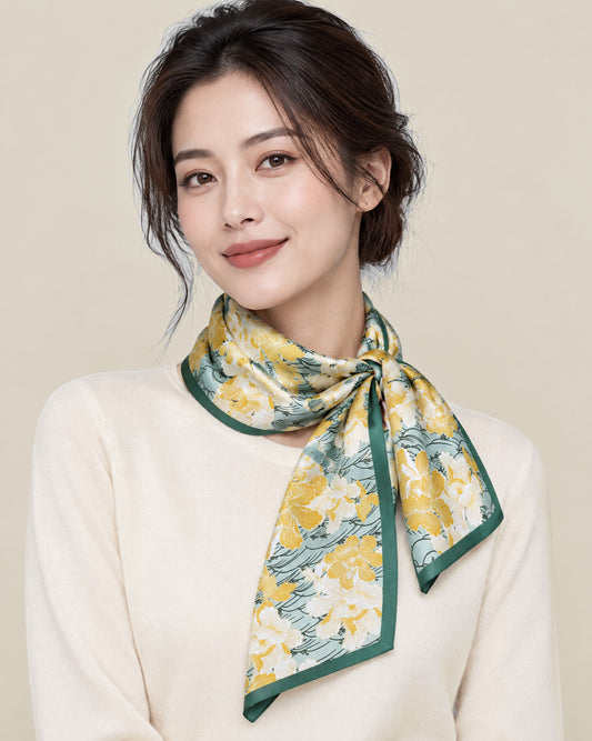 Woman wearing Calendula Letter slim mulberry silk scarf