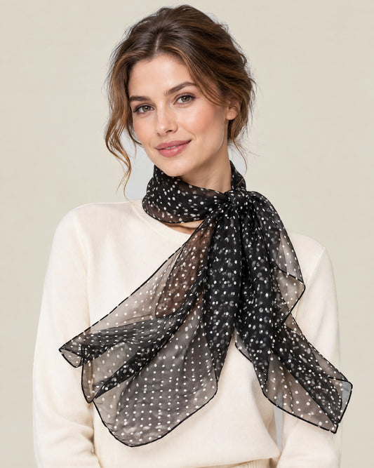 Woman wearing Black dot print mulberry silk long scarf