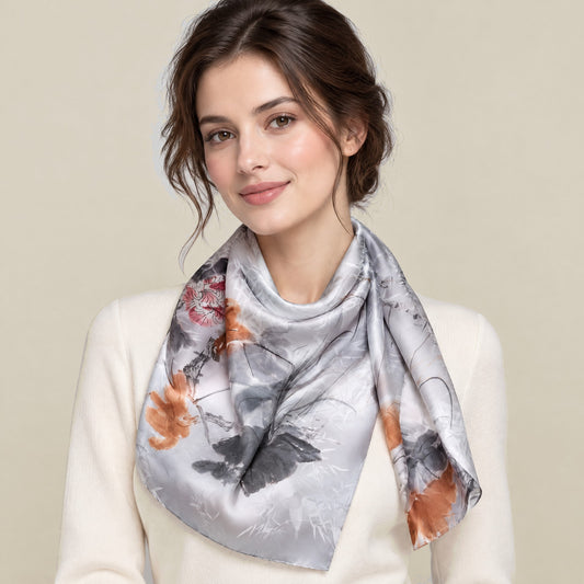 Woman wearing Plum Bamboo Harmony jacquard mulberry silk scarf