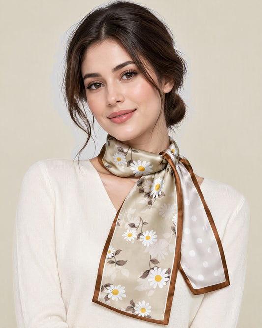 Woman wearing Sunny Daisy slim mulberry silk scarf