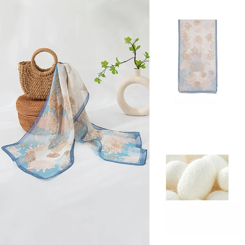 Blue mulberry silk long scarf