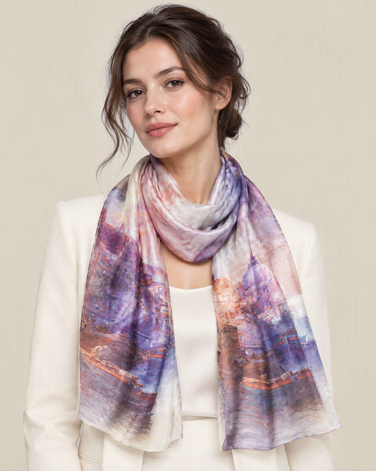Woman wearing London jacquard mulberry silk scarf