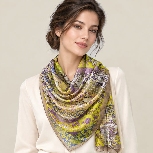 Woman wearing Yellow Small Floral mulberry silk scarf