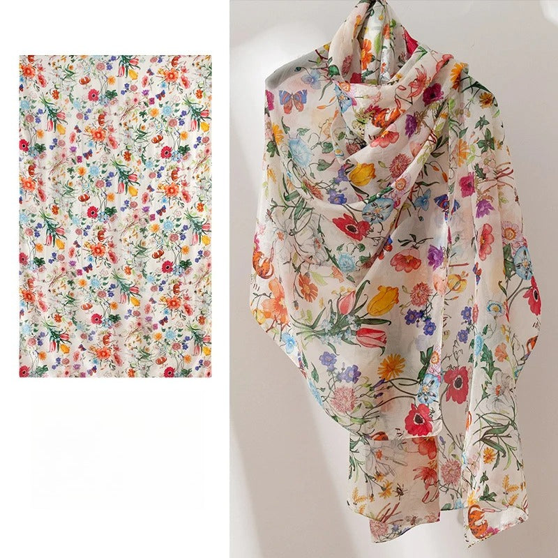 White Colorful Floral mulberry silk scarf
