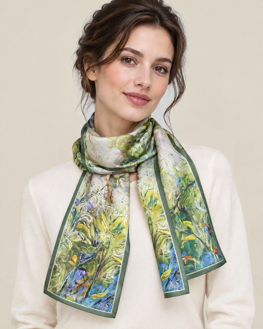 Woman wearing Green Rhapsody slim mulberry silk scarf
