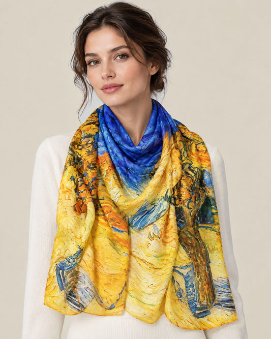 Woman wearing Oil painting jacquard mulberry silk scarf