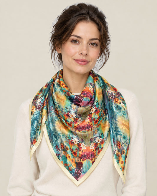 Woman wearing Colorful small floral mulberry silk scarf