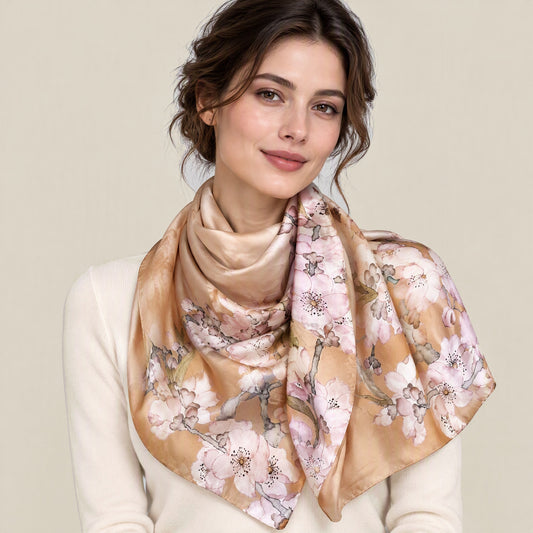 Woman wearing Peach Stream jacquard mulberry silk scarf