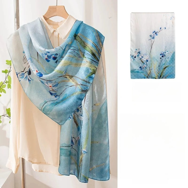 Long 100% Mulberry Silk Scarf – Floral Print Pashmina Wrap, 22 x 67 in, Gift Boxed
