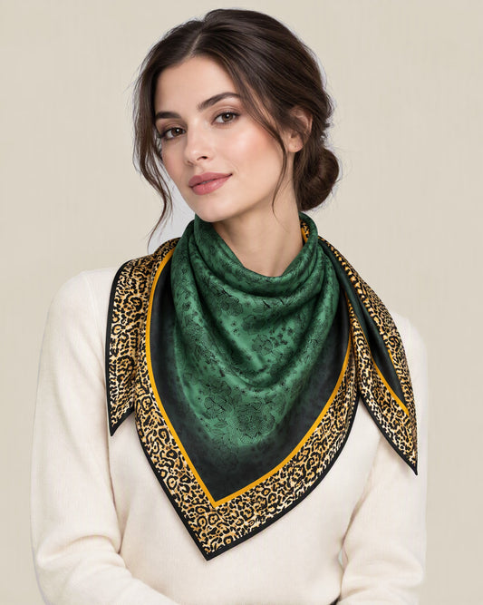 Woman wearing Green Frame Leopard mulberry silk square scarf