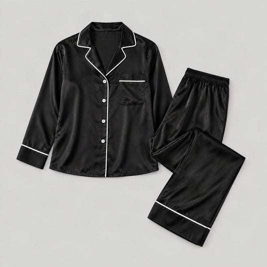 Mulberry silk pajama set laid flat, full garment view