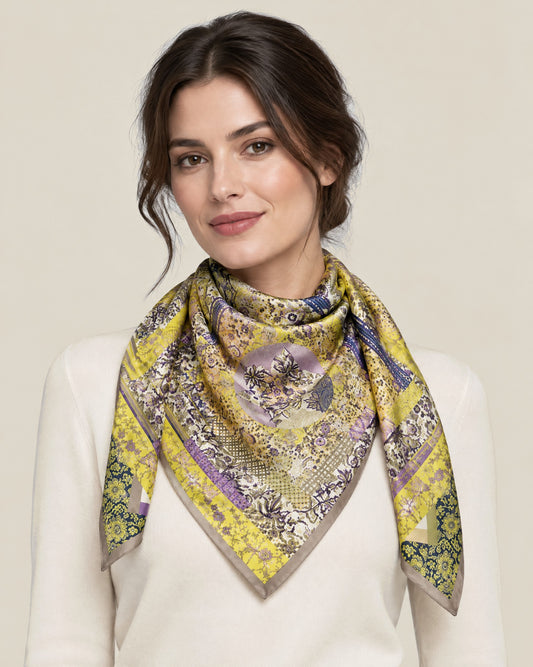 Woman wearing Yellow Floral mulberry silk scarf