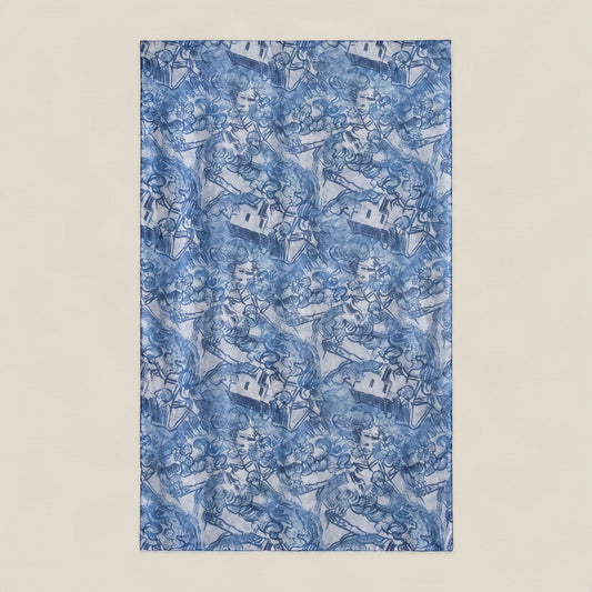 Blue architecture print mulberry silk scarf, 69 x 43 in