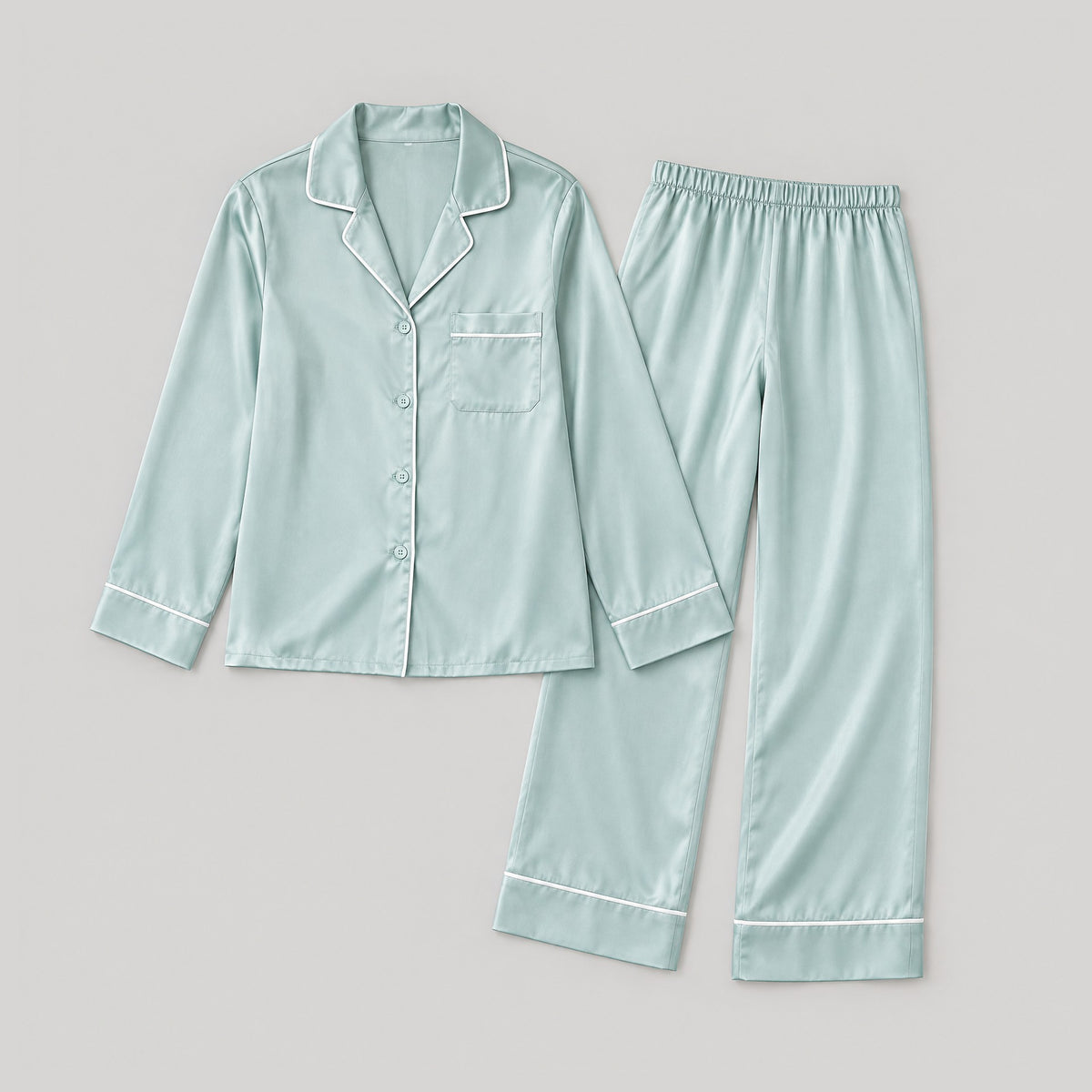 22 Momme Long Sleeve 100% Mulberry Silk Pajama Set – Button-Up with Contrast Piping